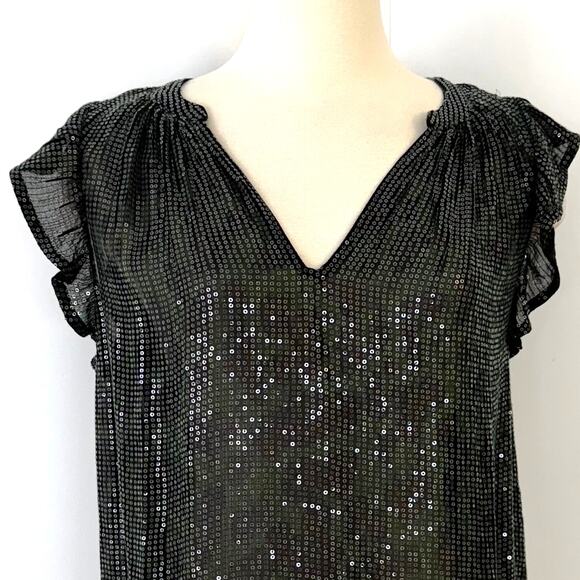Velvet by Graham & Spencer Sequin Blouse Top Green/Black Flutter Sleeve Sheer M - Picture 2 of 10